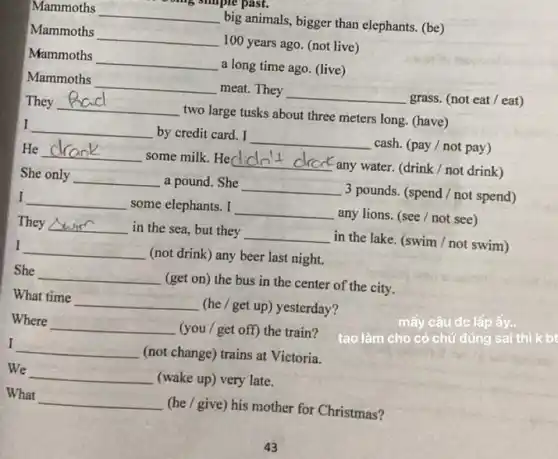 Mammoths
__
100 years ago. (not live)
Mammoths
__
big animals, bigger than elephants. (be)
Mammoths
__
meat.They __ grass. (not eat / eat)
Mammoths
__
a long time ago (live)
I __
by credit card. I
__
cash. (pay/not pay)
They __
two
large tusks about three meters long. (have)
He __
some milk. He __
any water. (drink /not drink)
She only __ a pound. She __
3 pounds. (spend / not spend)
I __
some elephants. I __
any lions. (see/not see)
They __
in the sea, but they __
in the lake. (swim / not swim)
I
__
(not drink) any beer last night.
She
__
(get on) the bus in the center of the city.
Where
__ (you / get off)the train?
tao làm cho có chứ đúng sai thì k bt
mấy câu đc lấp ấy.
What time
__
(he / get up)yesterday?
I
__
(not change) trains at Victoria.
We
__ (wake up) very late.
What
__
(he / give) his mother for Christmas?