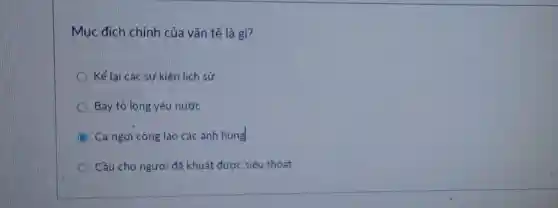 Mục đích chính của vǎn tế là gì?
Kẻ lai các sự kiện lịch sử
Bay to long yêu nước
Ca ngợi công lao các anh hùng
Câu cho người đã khuất được siêu thoát