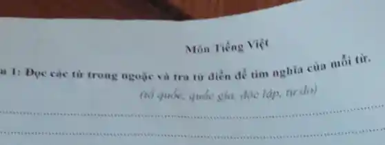 Môn Tiếng Việt
II 1: Đọc các từ trong ngoặc và tra từ điến để tìm nghĩa của mỗi từ.
(tổ quốc, quốc gia, độc lập, tự do)
__
....