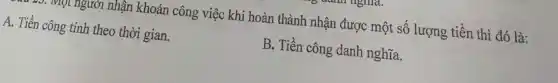 mọt người nhận khoán công việc khi hoàn thành nhận được một số lượng tiền thì đó là:
A. Tiền công tính theo thời gian.
B. Tiền công danh nghĩa.