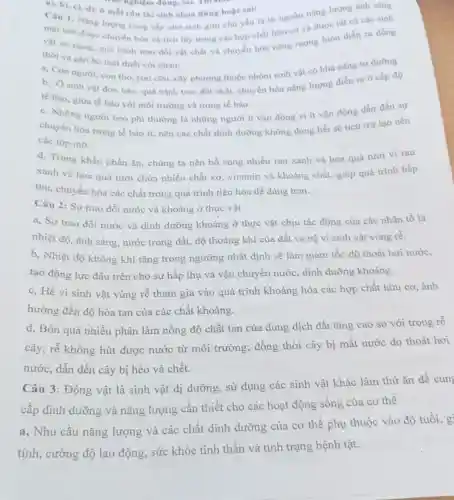 mặt trời được chuyên hóa và tích lũy trong các hợp chất hữu cơ và được tất cá các sinh
vật sử dụng, quá trình trao đồi vật chất và chuyển hóa nǎng lượng luôn diễn ra đồng
thời và gắn bó mật thiết với nhau:
a, Con người, con thỏ, con cừu, cây phượng thuộc nhóm sinh vật có khả nǎng tự dường
b, Ở sinh vật đơn bào, quá trình trao đổi chất, chuyển hóa nǎng lượng diễn ra ở cấp độ
tế bào, giữa tế bào với môi trường và trong tế bào.
c. Những người béo phi thường là những người ít vận động vi ít vận động dẫn đến sự
chuyển hóa trong tế bào ít, nên các chất dinh dưỡng không dùng hết sẽ tích trữ tạo nên
các lớp mỡ.
d, Trong khẩu phần ǎn, chúng ta nên bổ sung nhiều rau xanh và hoa quả tươi vì rau
xanh và hoa quả tươi chứa nhiều chất xơ, vitamin và khoáng chất, giúp quá trình hấp
thu, chuyển hóa các chất trong quá trình tiêu hóa dễ dàng hơn.
a), b), c), d)ở mỗi câu thi sinh chon đúng hoặc sai:
mẹ nghiệm đúng, sai.
Câu 1. Nang lương cung cấp cho sinh giới chủ yếu là từ nguồn nǎng lượng ánh sáng
Câu 2: Sự trao đổi nước và khoáng ở thực vật
a, Sự trao đồi nước và dinh dưỡng khoảng ở thực vật chịu tác động của các nhân tố là
nhiệt độ, ánh sáng nước trong đất, độ thoáng khí của đất và hệ vi sinh vật vùng rê.
b, Nhiệt độ không khí tǎng trong ngưỡng nhất định sẽ làm giảm tốc độ thoát hơi nước,
tạo động lực đầu trên cho sự hấp thụ và vận chuyển nước, dinh dưỡng khoáng.
c, Hệ vi sinh vật vùng rễ tham gia vào quá trình khoáng hóa các hợp chất hữu cơ, ành
hưởng đến độ hòa tan của các chất khoáng.
d, Bón quá nhiều phân làm nồng độ chất tan của dung dịch đất tǎng cao so với trong rễ
cây, rễ không hút được nước từ môi trường; đồng thời cây bị mất nước do thoát hơi
nước, dẫn đến cây bị héo và chết.
Câu 3: Động vật là sinh vật dị dưỡng, sử dụng các sinh vật khác làm thứ ǎn để cung
cấp dinh dưỡng và nǎng lượng cần thiết cho các hoạt động sống của cơ thế
a, Nhu câu nǎng lượng và các chất dinh dưỡng của cơ thể phụ thuộc vào độ tuổi, g
tính, cường độ lao động, sức khỏe tinh thần và tình trạng bệnh tật.