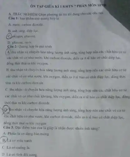 ÔN TẬP GIỮA Kỉ IKHTN 7 PHÂN MON SINH
A. TRÁC NGHIỆM Chọn phương án trả lời đúng cho các câu sau:
Câu 1: Sàn phẩm của quang hợp là
A. nước, carbon dioxide
B. anh sáng, diệp lụC.
(C) exygen, glucose.
D. glucose, nướC.
Câu 2: Quang hợp là quá trình
(A) thu nhận và chuyển hóa nǎng lượng ánh sáng, tổng hợp nên các chắt hữu cơ từ
các chất vô cơ như nước, khi carbon dioxide, diễn ra ở tế bào có chất diệp lục,
đồng thời thài ra khi oxygen.
B. thu nhận và chuyên hóa nǎng lượng ánh sáng, tổng hợp nên các chất hữu cơ từ
các chất vô cơ như nước, khi oxygen diễn ra ở tế bảo có chất diệp lục, đồng thời
thải ra khi carbon dioxide.
C. thu nhận và chuyển hóa nǎng lượng ánh sáng, tổng hợp nên các chất hữu cơ từ
các chất vô cơ như chất khoáng, khi oxygen, diễn ra ở tế bào có chất diệp lục, đồng
thời thài ra khi carbon dioxide.
D. hu nhận và chuyển hóa nǎng lượng ánh sáng, tổng hợp nên các chất vô cơ từ
các chất hữu cơ như nước, khí carbon dioxide, diễn ra ở tế bào có chất diệp lục,
đồng thời thai ra khi oxygen
Câu 3: Đặc điểm nào của lá giúp lá nhận được nhiều ánh sáng?
A Phiên lá có dạng bản mỏng.
B.Lá có màu xanh
C. Lá có cuống la.
D. Lá có tính đối xứng.