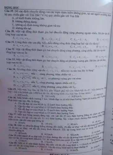 ĐỘNG HỌC
Câu 29. Để xác định chuyển động của các trạm thám hiểm không gian, tại sao người ta không chọn
hệ quy chiếu gắn với Trái Đất? Vi hệ quy chiếu gắn với Trái Đất
A. có kích thước không lớn.
B. không thông dụng.
C. không cố định trong không gian vũ trụ.
D. không tồn tại.
Câu 30. Một vật đồng thời tham gia hai chuyển động cùng phương ngược chiều. Đó lớn vận tốc
tổng hợp của nó lắc
A. v_(13)=v_(13)+v_(13)
B. v_(13)=vert v_(12)-v_(23)vert 
C. overrightarrow (v)_(13)=overrightarrow (v)_(13)-overrightarrow (v)_(23)
D. v_(13)^2=v_(13)^2+r_(33)^2
Câu 31. Công thức nào sau đây biểu điền đúng công thức tổng hợp hai vận tốc bất kỳ?
A. v_(13)=v_(13)+v_(23)
B. v_(13)=v_(13)-v_(2)
C. overrightarrow (v)_(1,3)=overrightarrow (v)_(1,2)+overrightarrow (v)_(23)
D. v_(13)^2=v_(12)^2+v_(23)^2
Câu 32. Một vật đồng thời tham gia hai chuyển động cùng phương cùng chiều. Độ lớn vận tốc
tổng hợp của nó là:
A.
v_(13)=v_(12)+v_(23)
B. v_(13)=r_(12)-v_(23)
C. overrightarrow (v)_(13)=overrightarrow (v)_(13)-overrightarrow (v)_(23)
D. r_(13)^2=r_(13)^2+r_(23)^2
Câu 33. Một vật đồng thời tham gia hai chuyển động có phương vuông góC. Độ lớn vận tốc tổng
hợp của nó là:
A. v_(13)=v_(12)+v_(23)
B. r_(12)=v_(12)-r_(23)
C. overrightarrow (v)_(13)=overrightarrow (v)_(12)-overrightarrow (v)_(2,3)
D. r_(11)^2=r_(12)^2+r_(2)
Câu 34. Tứ công thức cộng vận tốc
overrightarrow (v)_(13)=overrightarrow (v)_(21)+overrightarrow (v)_(12) điều suy ra nào sau đây là đúng?
A. v_(13)=v_(23)+v_(12) nếu v_(1) cũng phương, khác chiều với dot (v)_(1,1)
B. v_(15)=sqrt (v_(21)^2+v_(12)^2) nếu overrightarrow (y)_(2,1) và bar (v)_(1), có phương vuông góc với nhau.
C. v_(13)=v_(2s)+v_(s2) nếu overrightarrow (v)_(23) cùng phương, ngược chiều với overrightarrow (v)_(1,2)
D. v_(13)=sqrt (v_(21)^2+v_(12)^2) nếu overrightarrow (v)_(23) cùng phương, cùng chiều với overrightarrow (v)_(3,2)
Câu 35. Một máy bay bay từ Hả Nội đến Thành phố Hồ Chí Minh hết Ih 45^circ 
Nếu đường ba: Há
Nội - Hồ Chí Minh dài 1400 km thi tốc độ trung bình của máy bay là bao nhiêu?
D.
900km/h.
A. 600km/h.
Câu 36. Nhà Minh cách trường 3 km. Minh đạp xe tứ nhà theo hướng Nam tới trường mat
B. 700km/h.
800km/h.
Phát biếu nào sau đây là đúng:
15pint.
A. Tốc độ đạp xe cúa Minh là 12km/h theo hướng BắC.
B. Vận tốc đạp xe cúa Minh là 12km/h theo hướng BắC.
C. Tốc độ đạp xe của Minh là 12km/h theo hướng Nam.
D. Vận tốc đạp xe của Minh là 12km/h theo hướng Nam.
Câu 37. Một quá bóng tennis đang bay với vận tốc 25m/s
chắn và bay trở lại với vận tốc 15m/s
theo hướng Tây. Chọn chiều dương theo hướng Đông. Do
theo hướng Đông thì ham vào tường
biến thiên vận tốc của quả bóng là
D.
-40m/s.
Câu 38. Một xe chuyển động thẳng không đổi chiều, 2h đầu xe chạy với tốc độ trun suốt thời gian
A. 10m/s
B. -10m/s
C. 40m/s.
Tốc độ trung bình của xe trong
chuyển động là
40km/h.
D. 42km/h.
D. 13 doan during
và 3h sau xe chạy với tốc độ trung binh
48km/h
Câu 39. Một người đi xe đạp trên 2/3 đoạn đường đầu với tốc độ trung bình
B. 40km/h.
C. 58km/h.
Tốc độ trung bình của người đi xe đạp trên cả quãng.
A.
20km/h
10km/h
13,3km/h. ng d. 13.3 kmb
sau với tốc độ trung bình
12km/h
Câu 40. Mặt xe đi nửa đoạn đường đầu tiên với tốc độ trung binh
B. 15km/h
C. 17km/h
sau với tốc độ trung bình v_(2)=20km/h Tốc độ trung binh trên cả đoạn đường là
v_(1)=12km/h
và nưa đoạn
D.
32km/h.
A. 30km/h.
B. 15km/h.
16km/h.
Khó lượt
này