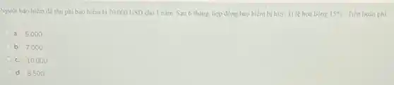 Người bảo hiểm đã thu phi bảo hiểm là 20.000USD cho 1 nǎm. Sau 6 tháng, hợp đồng bảo hiểm bị hủy. Tỉ lệ hoa hồng 15%  Tiền hoàn phi:
a. 5.000
b. 7.000
c. 10.000
d. 8.500