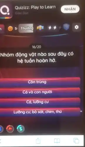 Nhóm động vật nào sau đây có
hệ tuần hoàn hở.
Côn trùng
Cá và con người
Có, lưỡng cư
Lưỡng cư, bỏ sát . chim, thú