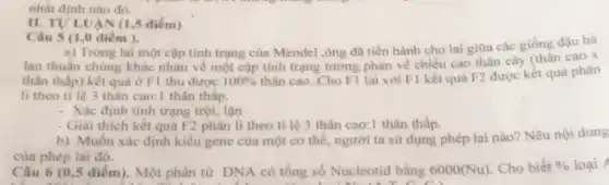 nhất định nào đó.
II. TULUÂN (I ,5 điểm)
Câu 5 (1,0 điểm ).
a) Trong lai một cặp tính trạng của Mendel ,ông đã tiến hành cho lai giữa các giống đậu hà
lan thuần chùng khác nhau về một cặp tính trạng tương phản về chiều cao thân cây (thân cao x
thân thấp) kết quả ở F1 thu được 100% 
thân cao .Cho F1 lai với F1 kết quả F2 được kết quả phân
li theo ti lệ 3 thân cao:1 thân thấp.
- Xác định tính trạng trội, lặn
- Giải thích kết quả F2 phân li theo tỉ lệ 3 thân cao:1 thân thấp.
b) Muốn xác định kiểu gene của một cơ thể, người ta sử dụng phép lai nào? Nêu nội dung
của phép lai đó.
Cầu 6 (0,5 điểm). Một phân tử DNA có tổng số Nucleotid bằng 6000(Nu) . Cho biết %  loại A