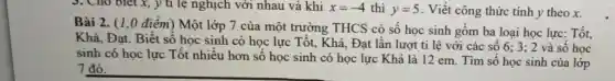 no biết x, y tỉ lệ nghịch với nhau và khi x=-4 thì y=5 . Viết công thức tính y theo x.
Bài 2. (1,0 điểm) Một lớp 7 của một trường THCS có số học sinh gồm ba loại học lực: Tốt,
Khá, Đạt. Biết số học sinh có học lực Tốt, Khá, Đạt lần lượt tỉ lệ với các số 6 ; 3; 2 và số học
sinh có học lực Tốt nhiều hơn số học sinh có học lực Khá là 12 em. Tìm số học sinh của lớp
7 đó.