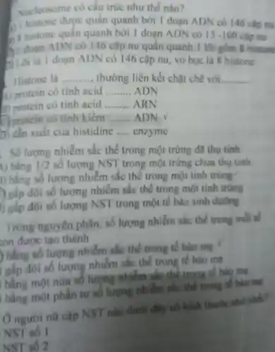 Nucleosome có cấu trúc như thế nào?
A. histone được quân quanh bởi 1 doan ADN có 146 cặp nu
s histone quần quanh bởi 1 đoạn ADN có 15-100 cặp nu
A. doan ADN có 46 cặp nu quấn quanh 1 lôi gồm 8 histone
Loi là 1 đoạn ADN có 146 cặp nu , vỏ bọc là 8 histone
Histone la __ , thường liên kết chặt chẽ với __
A) protein có tính acid __ ADN
B) protein có tinh acid __ ARI
protein có tính kiêm __ ADN
b) dẫn xuất của histidine __ enzyme
Số lượng nhiễm sắc thể trong một trứng đã thu tinh
1) bằng 1/2 số lượng NST trong một trứng chưa thụ tính
i) bằng số lượng nhiễm sắc thể trong một tinh trùng
gấp đôi số lượng nhiễm sắc thể trong một tinh trùng
) gấp đôi số lượng NST trong một tế bào sinh dường
Trong nguyên phân số lượng nhiễm sắc the trong moi te
con được tạo thành
bằng số lượng nhiễm sắc thể trong tê bao me
gấp đôi số lượng nhiễm sắc thể trong tế bào mẹ
bằng một nữa số lượng nhiễm sắc thể trong tế bào mẹ
bằng một phân tư số lượng nhiễm sắc thể trong tế bào mg
Ở người nữ cặp NST nào dưới đây có kích thước nhỏ nhất?
NST sô l
NST số 2