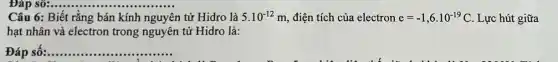 Đáp
Câu 6: Biết rằng bán kính nguyên n tử Hidro là 5.10^-12m , điện tích của electron e=-1,6cdot 10^-19C . Lực hút giữa
hạt nhân và electron trong nguyên tử Hidro là:
Đáp số:.. __