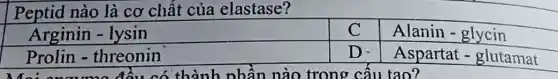 Peptid nào là cơ chất của elastase?
Arginin - lysin
Alanin - glycin
Prolin - threonin
D
Aspartat - glutamat