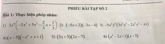 PHIÊU BÀI TẬP SÓ 2
Bài 1: Thực hiện phép nhân:
1) 3x^4(-2x^3+5x^2-(2)/(3)x+(1)/(3)) 2) (-5x+2)(-3x-4) 3) -5x^2y^4(3x^2y^3-2x^3y^2-xy)
4) (x-5)(-x^2+x+1)
5) (3x+5)(2x-7)
6) (x^2-2x-1)(x-3)