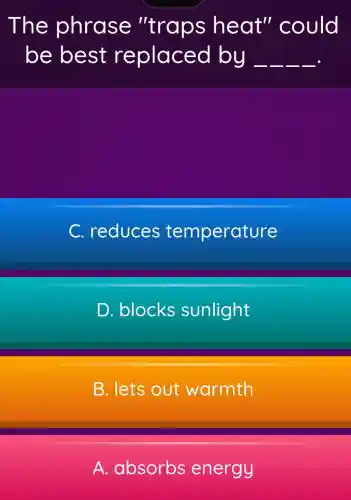 The phrase "traps heat"could
be best replaced by __ __ __ __
C. reduces temperature
D. blocks sunlight
B. lets out warmth
A absorbs energy