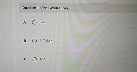 Question 1: She lives in Turkey.
A	lives
B	in Turkey
C	She