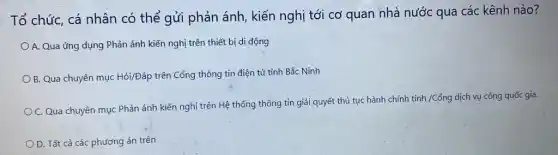 Tổ chức, cá nhân có thể gửi phản ánh, kiến nghị tới cơ quan nhà nước qua các kênh nào?
A. Qua ứng dụng Phản ánh kiến nghị trên thiết bị di động
B. Qua chuyên mục Hỏi/Đáp trên Cổng thông tin điện tử tỉnh Bắc Ninh
C. Qua chuyên mục Phản ánh kiến nghị trên Hệ thống thông tin giải quyết thủ tục hành chính tỉnh /Cổng dịch vụ công quốc gia.
D. Tất cả các phương án trên