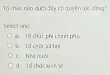 Tố chức nào dưới đây có quyền lực công?
Select one:
a. To chức phi chính phủ
b. Tó chức xa hội
C. Nhà nước
d. To chức kinh tế