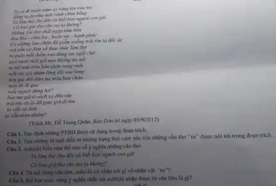 Ta ra đi muời nǎm xa vòng tay của mẹ
Sống tự do như một cánh chim bằng
Ta làm thơ cho đời và biết bao người con gái
Có bao giờ thơ cho mẹ ta không?
Những bài thơ chất ngập tâm hồn
đau khô-chia lìa - buồn vui - hạnh phúc
Có những bàn chân đã giấm xuống trải tim ta độc ác
mà vẫn cứ đêm về thao thức làm thơ
ta quên mắt thềm xưa dáng mẹ ngồi chờ
giọt nước mắt già nua không ứa nôi
ta mê mải trên bàn chân rong ruôi
mắt mẹ già thầm lặng dõi sau lưng
Khi gai đời đâm ứa máu bàn chân
mấy kẻ đi qua
(Trích Mẹ, Đỗ Trung Quân, Báo Dân trí ngày 01/9/2012)
Câu 1. Xác định những PTBĐ được sử dụng trong đoạn trích.
Câu 2. Tìm những từ ngữ diễn tả những trạng thái cảm xúc của những vàn thơ "ta"duge nói tới trong đoạn trích,
Câu 3. Anh/chị hiểu như thế nào về ý nghĩa những câu thơ:
Ta làm thơ cho đời và biết bao người con gái
Có bao giờ thơ cho mẹ ta không?
Câu 4. Từ nội dung vǎn bản, anh/chị có nhận xét gì về nhân vật "ta"?
Câu 5. Bài học cuộc sống ý nghĩa nhất mà anh/chị nhận được từ vǎn bản là gì?
nhỏ