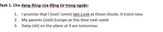 Task 1. Cho dạng đúng của động từ trong ngoặc:
1. I promise that I(not/come) late,Look at those clouds. It (rain) now.
2. My parents (visit)Europe at this time next week
3. Daisy (sit) on the plane at 9 am tomorrow.