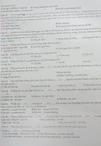 Từ/Cụm từ (1) là:
D.Đủ để cơ thể không bị mệt
A.Đủ đạm, chất béo và tinh bột
B.Tương đương nhu cầu cơ thể
C.Có bổ sung vitamin và khoảng chất
Câu 31. Tiêu chây thường do một loại vi-rút hoặc đôi khi do thực phẩm nhiễm bằn gây ra. Trong trường hợp ít g
hơn. đây có thể là dấu hiệu cua một tình trạng rồi loạn khác, chẳng hạn như bệnh viém ruột hoặc hội chứng ruột kic
thich. Các triệu chứng bao gồm thường xuyên di ngoài phân lòng có nước và đau bụng. Nguyên nhân gây ra bệnh
chảy không phải là __
B.Nhịn đại tiện
A.Ô nhiễm thực phẩm
D.Sử dụng thuốc kháng sinh sai chi dẫn
C.Ô nhiễm nguồn nước
Câu 32. Táo bón là triệu chứng thường gặp, dù ở bất kỳ đối tượng hay độ tuổi nào. Đặc biệt trong xã hội hiện na
tình trạng này đang có xu hướng gia tǎng do sự thiếu cân bằng ở chế độ sinh hoạt và thực đơn dinh dưỡng của mỗi
người. Nguyên nhân gây táo bón có thể do
__
D.Không nhịn đại tiế
A. Ăn ít chất xơ
B.Uống đủ nước
C.Siêng nǎng vận động
Câu 33. Ở động vật chưa có cơ quan tiêu hóa, hình thức tiêu hóa là
A. tiêu hóa nội bào + ngoại bào
B. tiêu hóa ngoại bào.
tiunderset (.)(hat (e))ungounderset (.)(hat (o))o +nunderset (.)(hat (o))i bgrave (a)o.
C. tiêu hóa nội bào.
Câu 34. Loài động vật nào dưới đây chưa có cơ quan tiêu hóa?
A. Thủy tứC.
C. Trùng amip.
D. Cào cào.
B. Giun đất.
Câu 35. Động vật chưa có cơ quan tiêu hóa lấy thức ǎn bằng cách
C. ǎn hút.
D. ǎn lọc
B. xuất bào.
A. thực bào.
Câu 36. Động vật là sinh vật dị dưỡng, sử dụng
__ làm thức ǎn để cung cấp chất dinh dưỡng và nǎng l
cần thiết cho các hoạt động sống của cơ thể.
B.Sinh vật khác
A.Thực vật
C.Nǎng lượng mặt trời
D.Động vật không có xương sống
Câu 37. Quá trình dinh dưỡng gồm 5 giai đoạn: lấy thức ǎn,
__ hấp thụ chất dinh dưỡng, tổng hợp và
các chất cặn bã.
D.Đào thải thức ǎn
A.Tiêu hóa thức ǎn
B.Nghiền nát thức ǎn
C.Nhào trộn thức ǎn
Câu 38. Ở động vật.sau giai đoạn tiêu hóa và __ __ chất dinh dưỡng được vận chuyển đến từng tế bà __
__ __
A.Nghiền nát - hệ tuần hoàn
B.Hấp thụ - hệ tuần hoàn
C.Nghiền nát - hệ mạch
D.Hấp thụ - hệ mạch
Câu 39. Ở sinh vật __ __ do chưa có __ thức ǎn được tiêu hóa bằng hình thức tiêu hóa nộ
Các từ/cụm từ cần điền vào vị trí (1), (2) lần lượt là:
A.Đa bào - cơ quan tiêu hóa
B.Đơn bào -cơ quan tiêu hóa
C.Đa bào - cơ quan hấp thụ
D.Đơn bảo - cơ quan hấp thụ
Câu 40. Ở một số động vật đa bào __ __ có sự kết hợp cả hai hình thức tiêu hóa __ và tiêu
ngoại bào.A.Bậc cao - nội bào	B.Bậc trung bình - nội bào
C.Bậc thấp - nội bào
D.Bậc chưa tiến hóa - nội bào
Câu 41. Nhu cầu nǎng lượng và __ của cơ thể phụ thuộc và độ tuôi.giới. cường độ
lao động. __ và tình trạng bệnh tại.
A.Các chất khoáng - sức khỏe thể chất B.Chất chất vi lượng - sức khỏe thể chất
C.Các chất dinh dưỡng -sức khỏe thể chất D.Các chất dinh dường - sức khỏe tinh thần