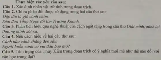 Thực hiện các yêu câu sau:
Câu 1. Xác định nhân vật trữ tình trong đoạn trich.
Câu 2. Chỉ ra phép đối được sử dụng trong hai câu tho sau:
Dập dìu lá gió cành chim,
Sớm đưa Tổng Ngọc tối tìm Trường Khanh
Câu 3. Phân tích hiệu quả nghệ thuật của cách ngắt nhịp trong câu thơ Giật mình,mình lại
thương mình xót xa.
Câu 4. Nêu cách hiểu về hai câu tho sau:
Cảnh nào cánh chǎng đeo sáu,
Người buồn cánh có vui đâu bao giờ?
Câu 5. Tâm trạng của Thủy Kiều trong đoạn trích có ý nghĩa mới mẻ như thế nào đối với
vǎn học trung đại?