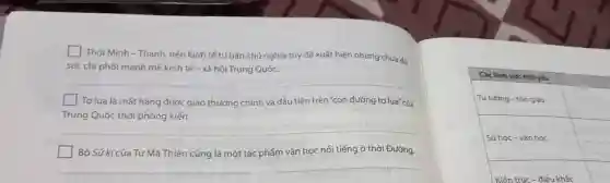 Thời Minh - Thanh, nến kinh tế tư bản chủ nghĩa tuy đã xuắt hiện nhưng chưa theta_(0) sức chi phới mạnh mê kinh tế - xă hội Trung Quốc.
Tơ lụa là mặt hàng được giao thương chính và đấu tiên trên "con đường tơ lựa" của Trung Quốc thời phong kiến.
Bộ Sử ki của Tư Mã Thiên cũng là một tác phấm văn học nối tiếng ở thời Đường.