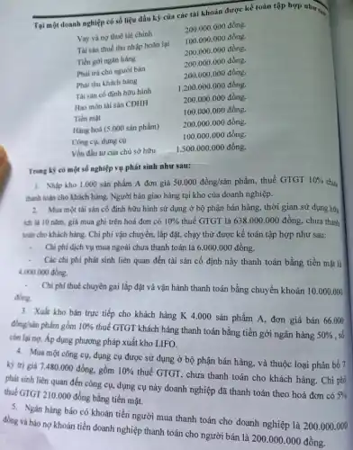 Tại một doanh nghiệp có số liệu đầu kỳ của các tài khoản được kế toán tập hợp như san.
Vay và nợ thuê tài chính
200.000.000 đồng.
Tài sản thuế thu nhập hoãn lại 100.000.000 đồng.
Tiền gơi ngân hàng
200.000.000 đồng.
Phải trả cho người bán
200.000.000 đồng.
Phải thu khách hàng
200.000.000 đồng.
Tài sản có định hữu hình
1.200.000 .000 đồng.
Hao mòn tài sàn CDHH	200.000.000 đồng.
Tiền mạt
100.000 .000 đồng.
Hàng hoá (5.000 sản phẩm)	200.000.000 đồng.
Công cụ, dụng cụ
100.000.000 đồng.
Vốn đầu tư của chủ sở hữu
1.500.000 .000 đồng.
Trong kỳ có một số nghiệp vụ phát sinh như sau:
1. Nhập kho 1.000 sản phẩm A đơn giá
50.000dgrave (hat (o))ng/sgrave (a)n phẩm, thuế GTGT 10% 
chưa thanh toán cho khách hàng. Người bán giao hàng tại kho của doanh nghiệp.
2. Mua một tài sản cố định hữu hình sử dụng ở bộ phận bán hàng thời gian sử dụng hữu
ich là 10 nǎm.giá mua ghi trên hoá đơn có
10% 
thuế GTGT là 638 .000.000 đồng, chưa thanh
toán cho khách hàng.Chi phí vận chuyển.lắp đặt, chạy thử được kế toán tập hợp như sau:
Chi phí dịch vụ mua ngoài chưa thanh toán là 6.000 .000 đồng.
Các chi phí phát sinh liên quan đến tài sản cố định này thanh toán bằng tiền mặt là 4.000.000dgrave (o)ng
Chi phí thuê chuyên gai lắp đặt và vận hành thanh toán bằng chuyển khoản
10.000.000
đồng.
3. Xuất kho bán trực tiếp cho khách hàng
K4.000
sản phẩm A, đơn giá bán 66.000
đồng/sản phẩm gồm
10% 
thuế GTGT khách hàng thanh toán bằng tiền gởi ngân hàng
50%  , số
còn lại ng. Áp dụng phương pháp xuất kho LIFO.
4. Mua một công cụ dụng cụ được sử dụng ở bộ phận bán hàng, và thuộc loại phân bổ 7 Mingia 7480.000 đồng gồm
10% 
thuế GTGT, chưa thanh toán cho khách hàng Chi phí
phát sinh liên quan đến công cụ, dụng cụ này doanh nghiệp đã thanh toán theo hoá đơn có
5% 
thuế GTGT 210.000 đồng bằng tiền mặt.
5. Ngân hàng báo có khoản tiền người mua thanh toán cho doanh nghiệp là
200.000.000
đồng và báo nợ khoản tiền doanh nghiệp thanh toán cho người bán là 200.000.000 đồng.