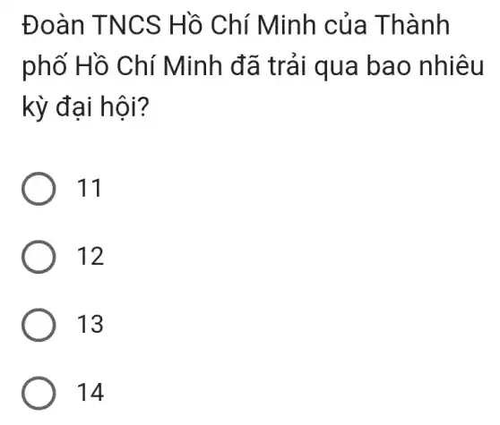 Đoàn TNCS Hồ Chí Minh của T hành
phố Hồ Ch í Minh đã tr ải qua ba o nhiêu
kỳ đai hô i?
11
12
13
14