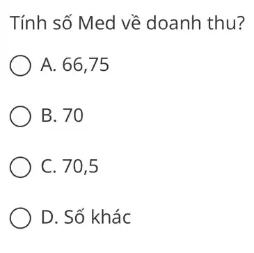 Tính số Med về doanh thu?
A. 66,75
B. 70
C. 70,5
D. Số khác