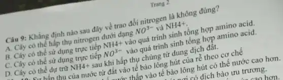 Trang 2
Câu 9: Khẳng định nào sau đây về trao đổi nitrogen là không đúng?
dưới dạng
NO^3- và NH4^+
thụ nitrogen
NH4^+
vào quá trình sinh tổng hợp amino acid.
C. Cây có thê sử dụng trực tiếp
NO^3-
vào quá trình sinh tổng hợp amino acid.
sau khi hấp thụ chung từ dung dịch đât.
D. Cây có thê dự trữ
NH4+ ta sư bấn thu của nước từ đất vào tế bào lông hút của rễ theo cơ chê
tư đất thấp vào tế bào lông hút có thế nước cao hơn