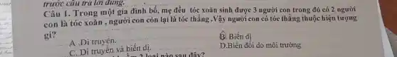 trước câu trả lời đúng.
Câu 1. Trong một gia đình bố, mẹ đều tóc xoǎn sinh được 3 người con trong đó có 2 người
con là tóc xoǎn , người con còn lại là tóc thẳng .Vậy người con có tóc thẳng thuộc hiện tượng
gì?
__ A.Di-truyền.
__ B. Biến dị
C. Di.truyền và biến dị.
__ D.Biến đồi do môi trường
nào sau đây?