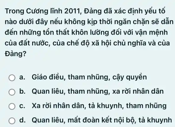 Trong Cưỡng lĩnh 2011, Đảng đã xác định yếu tô
nào dưới đây nếu không kịp thời ngǎn chặn sẽ dẫn
đến những tồn thất khôn lưỡng đối với vân mệnh
của đất nước , của chế đô xã hội chủ nghĩa và của
Đảng?
a. Giáo điều , tham nhũng , cậy quyền
b. Quan liêu , tham nhũng, xa rỡi nhân dân
c. Xa rời nhân dân, tả khuynh , tham nhũng
d. Quan liêu , mất đoàn kết nôi bô, tả khuynh