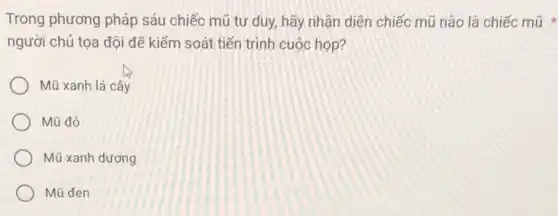 Trong phương pháp sáu chiếc mũ tư duy hãy nhận diện chiếc mũ nào là chiếc mũ
người chủ tọa đội để kiểm soát tiến trình cuộc họp?
Mũ xanh lá cây
Mũ đỏ
Mũ xanh dương
Mũ đen