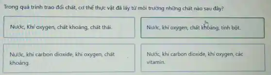 Trong quá trình trao đổi chất, cơ thể thực vật đã lấy từ môi trường những chất nào sau đây?
Nước, Khí oxygen , chất khoáng, chất thải.
Nước, khí oxygen , chất khoáng, tinh bột.
Nước, khí carbon dioxide, khí oxygen chất
khoáng.
Nước, khí carbon dioxide, khí oxygen , các
vitamin.