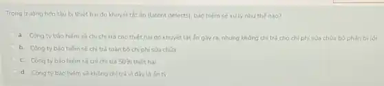 Trong trường hợp tàu bị thiệt hai do khuyết tật ẩn (latent defects), bảo hiếm sẽ xử lý như thế nào?
a. Công ty bảo hiếm sẽ chỉ chi trả cho thiệt hai do khuyết tật ẩn gây ra, nhưng không chi trả cho chi phí sửa chữa bộ phận bị loi
b. Công ty bảo hiếm sẽ chi trả toàn bộ chi phí sửa chữa
c. Công ty bảo hiếm sẽ chỉ chi trả 50%  thiệt hai
d. Công ty bảo hiếm sẽ không chi trả vi đây là ấn tỷ