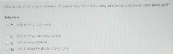 Đâu là yếu tố bên ngoài có tính chất quyết định đến hành vi ứng xử của mọi thành viên kênh phân phối?
Select one:
A. Môi trường Luật pháp
B. Môi trường Vǎn hóa- xã hội
C. Môi trường Kinh tế
D. Môi trường Kỹ thuật- công nghệ