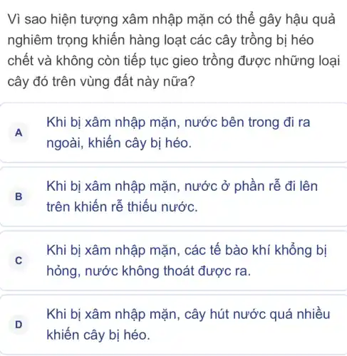 Vì sao hiện tượng xâm nhập mặn có thế gây hậu quả
nghiêm trọng khiến hàng loạt các cây trồng bị héo
chết và không còn tiếp tục gieo trồng được những loại
cây đó trên vùng đất này nữa?
A
Khi bị xâm nhập mặn , nước bên trong đi ra
A
ngoài, khiến cây bị héo.
B
Khi bị xâm nhập mặn , nước ở phân rễ đi lên
trên khiến rễ thiếu nước.
C
Khi bị xâm nhập mặn, các tế bào khí khống bị
c
hỏng, nước không thoát được ra.
Khi bị xâm nhập mặn , cây hút nước quá nhiều