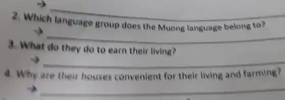 __
Which
does the Muong	belong to?
__
discrimination
3. What do they do to earn their living?
__
Why are their houses convenient for their living and farming
__