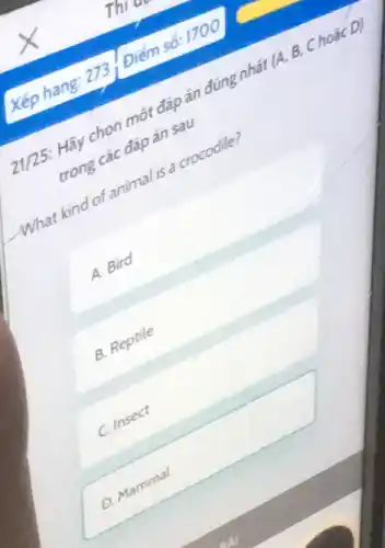 Xếp hang: 273 . Điểm số: 1700
21/25: Hãy chọn một đáp án đúng nhất (A, B, Choặc D)
trong các đáp án sau
-What kind of animal is a crocodile?
A. Bird
B. Reptile
C. Insect
D. Mammal