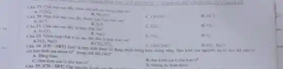 xu
Ciu 29. Chat noo sau đây chời liên kết ion trong phin hit
H_(2)SO_(4)
B. NH_(4)NO
D
Ciu 30. Hop chil nào sau đây thuộc loại hop chile ise?
c CH_(3)OH
A. KCI
B. H_(2)S
D Cl_(2)
Ciu 31. Chat nào sau đây là hợp child ice?
c cos
A. H_(2)CO_(2)
B. Na_(2)O
C. NO_(2)
D. a
Cau 31 Nhim hop chils in áo sau đáy đều là hợp chất ion?
B CH_(4)CO_(2)
H_(2)S,N_(2)O
D SO_(2). KCI
C. CaO,NaCl
là hợp chất được sử dụng nhiều trong kem chồng nǎng. Bàn kinh cua nguyen tu so
Cin 34 [CD-SBT]ZnO
trong tính thể ZnO
voi bán kinh cua union 0^2
A. Bling nhau
C. Bin kinh cia O nhó hon O^2
Câu 38. |CD-SB
B. Ban kinh cus Olom hon 0^2
D. Khong du doun durx