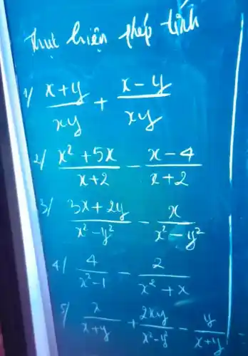 (x+y)/(x+y)+(x-y)/(xy)
(x^2+5x)/(x+2)-(x-4)/(x+2)
(3x+24)/(x^2)-y^(2)-(x)/(x^2)-y^(2)
4
(4)/(x^2)-1-(x)/(x^2)+x
(x)/(x+4)+(2x-4)/(x^2)-1^(2)-(4)/(x+1)