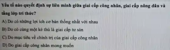 Yếu tố nào quyết định sự liên minh giữa giai cấp công nhân, giai cấp nông dân và
tầng lớp trí thức?
A) Do có những : lợi ích cơ bản thống nhất với nhau
B) Do có cùng một kẻ thù là giai cấp tư sản
C) Do mục tiêu về chính trị của giai cấp công nhân
D) Do giai cấp công nhân mong muốn