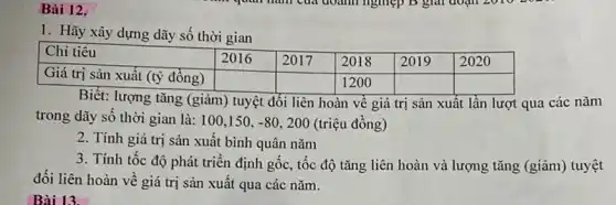 1. Hãy xây dựng dãy số thời gian

 Chi tiêu & 2016 & 2017 & 2018 & 2019 & 2020 
 Giá trị sản xuất (tỷ đồng) & & & 1200 & & 


Biết: lượng tăng (giảm) tuyệt đối liên hoàn về giá trị sản xuất lần lượt qua các năm trong dãy số thời gian là: 100,150, -80, 200 (triệu đồng)
2. Tính giá trị sản xuất bình quân năm
3. Tính tốc độ phát triển định gốc, tốc độ tăng liên hoàn và lượng tăng (giảm) tuyệt đối liên hoàn về giá trị sản xuất qua các năm.