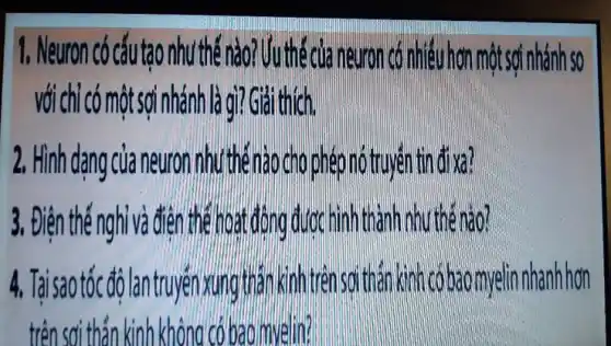 1. Neuron có cấu tạo như thế nào ? Uuthácủa ne uron có nhiều hơn một sợi nhánh SO
với chỉ có một : sợi nhánh là gì?Giải thich.
2. Hình dạng của neuron như thế nào cho phép nó truyền tin đi xa?
3. Điện thế ngl nỉ và điện thế hoạt động được hình thành như thế nào?
4. Tai sao tốc độ lan truyền xung thân kinh trên sợi thân kinh có bao myelin nhanh hơn
trên sơi thần kinh không có bao mvelin?