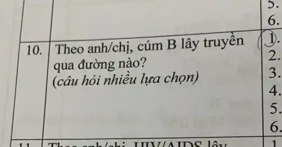 10. Theo anh/chi . cúm B lây truyền
qua đường nào?
(câu hỏi nhiều lựa chọn)
5.
6.
D.
2.
3.
4.
5.
6.