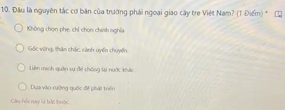 10. Đâu là nguyên tắc cơ bản của trường phải ngoại giao cây tre Việt Nam? (1 Điểm)
Không chọn phe, chỉ chọn chính nghĩa
Gốc vững, thân chắc cành uyển chuyển
Liên minh quân sự để chống lại nước khác
Dựa vào cường quốc để phát triển
Câu hỏi này là bắt buộc.