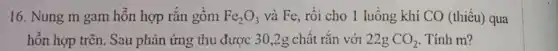 16. Nung m gam hỗn hợp rắn gồm Fe_(2)O_(3) và Fe, rồi cho 1 luồng khí CO (thiếu) qua
hỗn hợp trên. Sau phản ứng thu được 30,2g chất rắn với 22g CO_(2) Tính m?