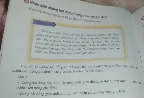 (2) Nhận diện những bát đóng trong quan hệ gia đinh
Chi ra bất đồng trong quan hệ gia đình ở tinh huống sau:
Tính hướng
Thào hay thức khuya đề học bài, làm bài nhóm. Mẹ Thào
góp ý về giờ giác sinh hoạt của Thào vì cho rằng thường xuyên
thức khuya sẽ anh hưởng không tốt đến sức khoè. Mẹ yêu cầu
Thào sắp xếp lại thời gian biểu nhưng Thào cho rằng mình học
hiệu quả hơn vào đêm khuya. Mẹ Thảo không đồng ý với quan
điểm của Thào và hai mẹ con đã giận nhau.
Trao đổi về những bất đồng có thể này sinh trong quan hệ giữa bản thân với các
thành viên trong gia đình hoặc giữa các thành viên với nhau.
Gợi ý:
t Những bất đồng này sinh liên quan đến quan điểm, sở thích thói quen,... __ của các
thành viên trong gia đình:
t Những bất đồng giữa anh, chị, em khi phân công công việc gia đình.