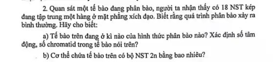 2. Quan sát một tế bào đang phân bào,, người ta nhận thấy có 18 NST kép
đang tập trung một hàng ở mặt phẳng xích đạo. Biết rằng quá trình phân bào xảy ra
bình thường. Hãy cho biêt:
a) Tế bào trên đang ở kì nào của hình thức phân bào nào? Xác định số tâm
động, số chromatid trong tế bào nói trên?
b) Cơ thể chứa tế bào trên có bộ NST 2n bằng bao nhiêu?