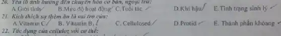 20. Yêu tô ảnh lưỡng đến chuyên hóa cơ bản, ngoại trừ:
D.Khi hậu/ E.Tình trạng sinh lý
A.Giới tinh/
B.Mức độ hoạt động C.Tuổi tác
21. Kich thich sự thèm ǎn là vai trò của:
D.Protid E. Thành phần khóang
A.Vitamin C/
B. Vitamin B_(1)
C. Cellulosed.
22. Tác dụng của celluloz với cơ thể: