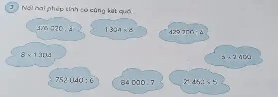 (3) Nối hai phép tính có cùng kết quả.
376020:3
1304times 8
429200:4
8times 1304
5times 2400
752040:6
84000:7
21460times 5