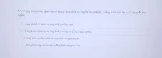 3. Trong một phiên khai vấn sử dụng lãng kính suy ngắm Brookfield, 2 lǎng kính nào được sử dụng để suy
ngắm
Lǎng kính tự truyện và lǎng kính của học sinh
Lǎng kinh tự truyện và lǎng kính của cán bộ cân lý nhà trường
Lǎng kính của học sinh và lǎng kinh của phụ huynh
Lǎng kính của phụ huynh và lǎng kính của giáo viên